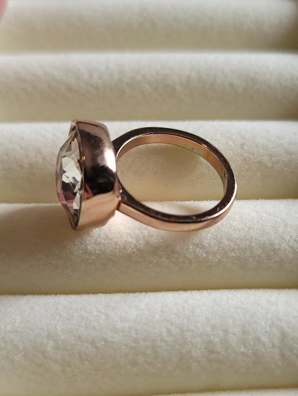 Premier Designs Ring, Rose Goldtone with Bevel Set Cushion Cut Crystal, Size 4.5